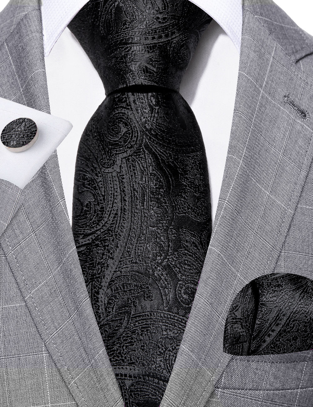 Black Paisley Tie, Pocket Square and Cufflinks Set tie sets - Sophisticated Gentlemen