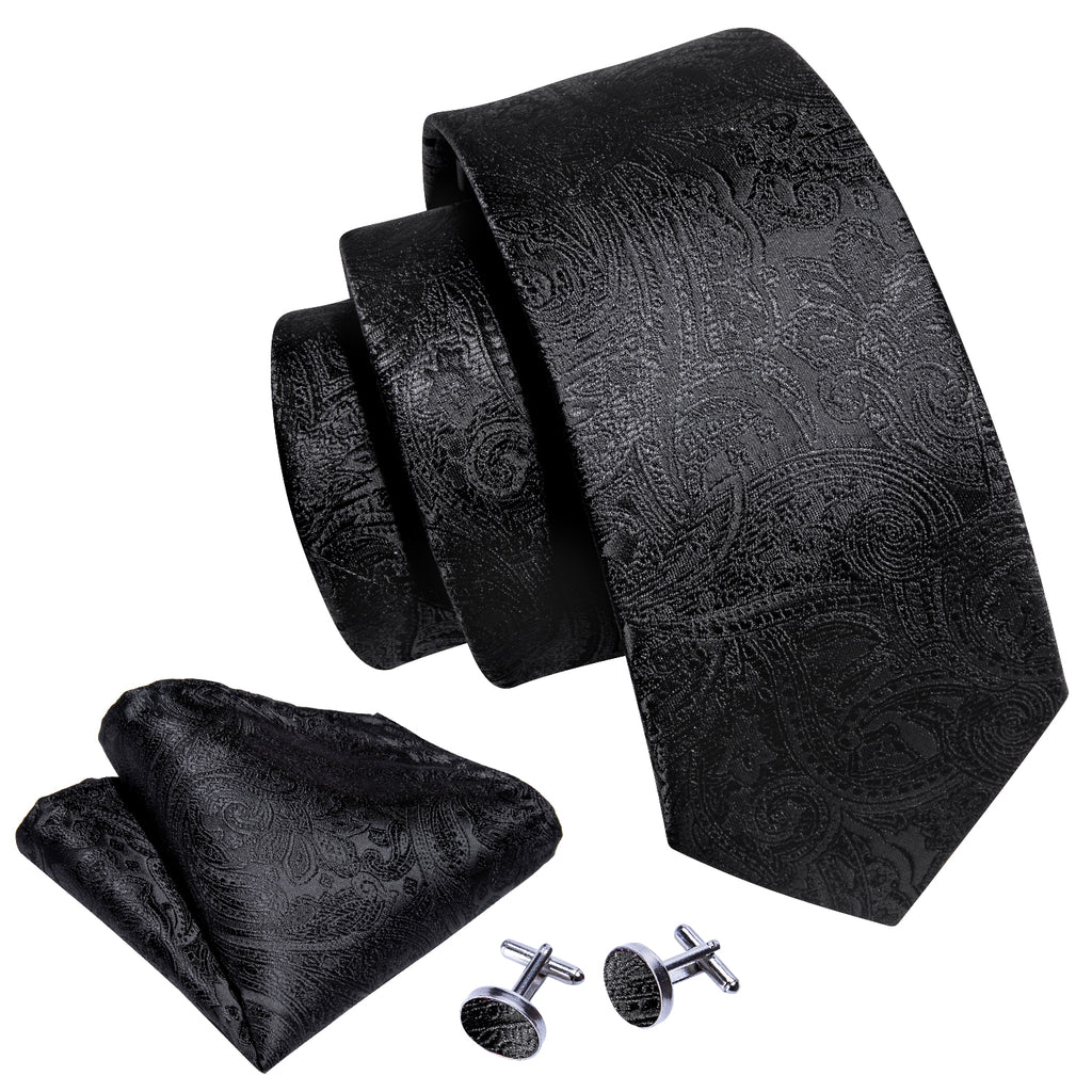 Black Paisley Tie, Pocket Square and Cufflinks Set tie sets - Sophisticated Gentlemen