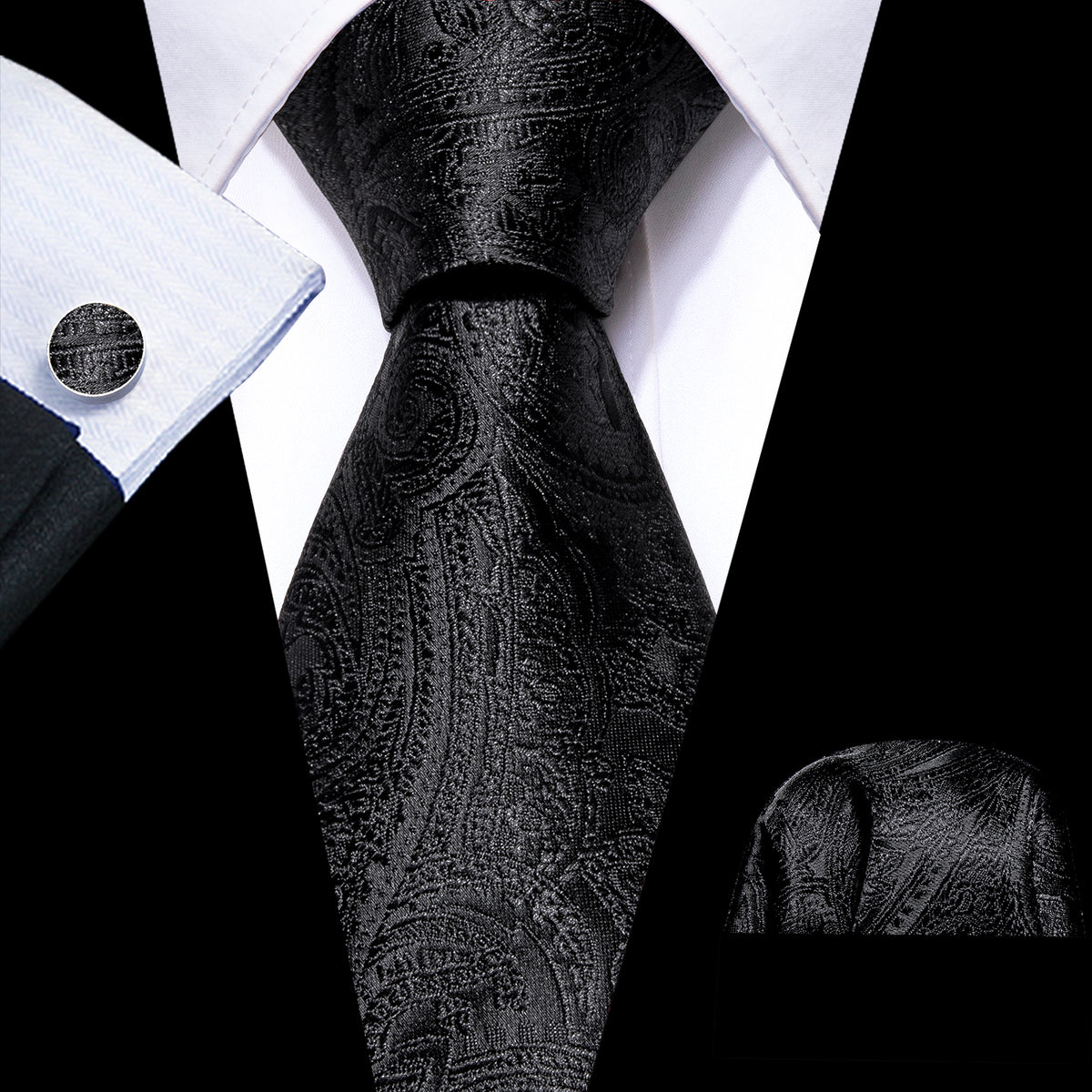 Black Paisley Tie, Pocket Square and Cufflinks Set tie sets - Sophisticated Gentlemen