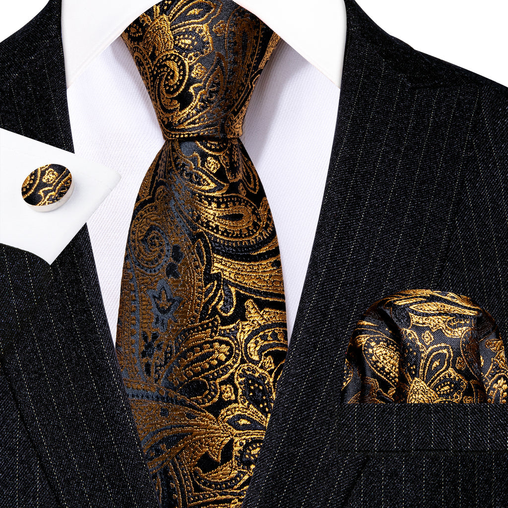 Regal Black & Gold Paisley Silk Tie Set with Pocket Square and Cufflinks tie sets - Sophisticated Gentlemen