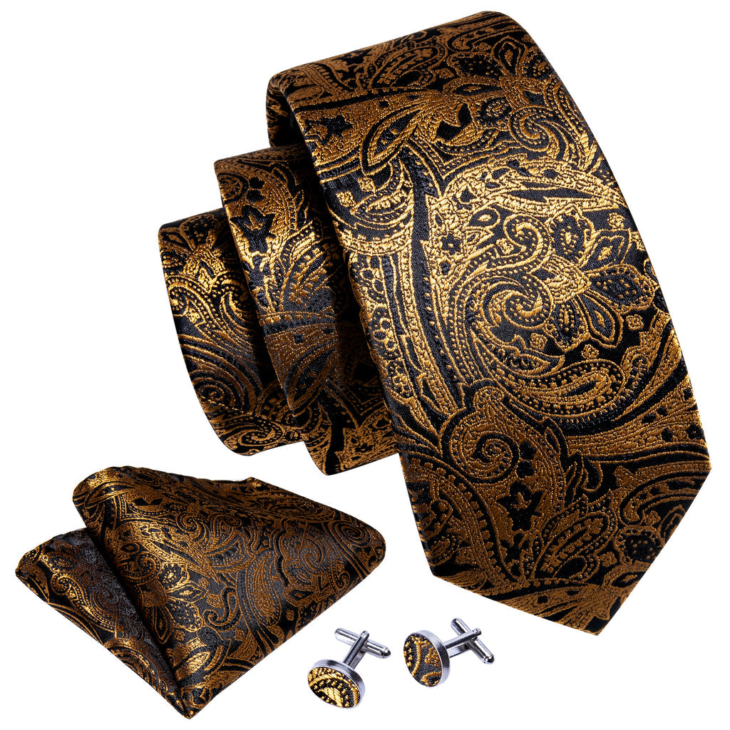 Regal Black & Gold Paisley Silk Tie Set with Pocket Square and Cufflinks tie sets - Sophisticated Gentlemen