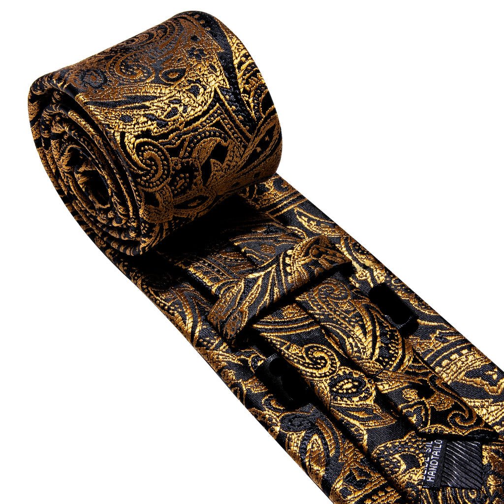 Regal Black & Gold Paisley Silk Tie Set with Pocket Square and Cufflinks tie sets - Sophisticated Gentlemen