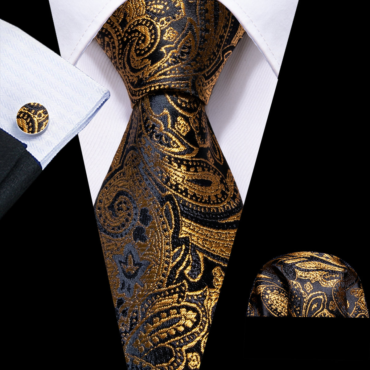 Regal Black & Gold Paisley Silk Tie Set with Pocket Square and Cufflinks tie sets - Sophisticated Gentlemen