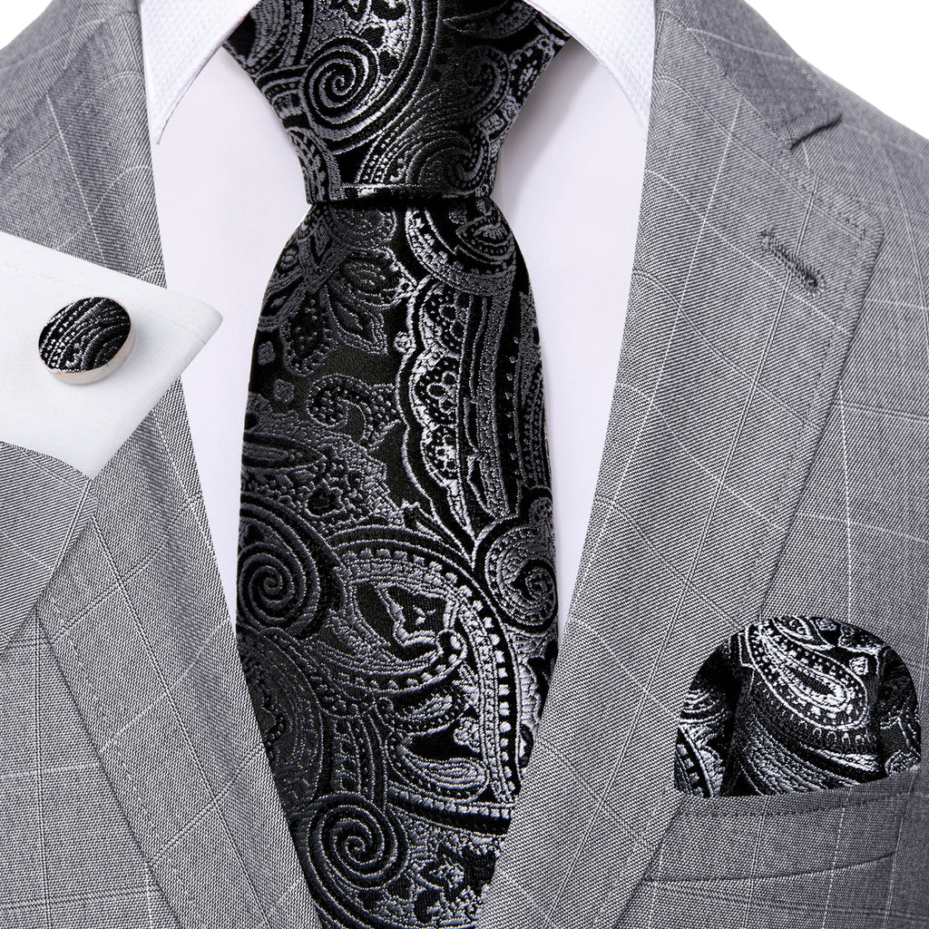 Black and Silver Paisley Silk Tie, Pocket Square and Cufflinks Set tie sets - Sophisticated Gentlemen