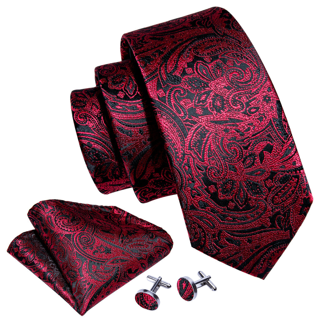Red Black Paisley Silk Tie, Pocket Square and Cufflinks Set tie sets - Sophisticated Gentlemen