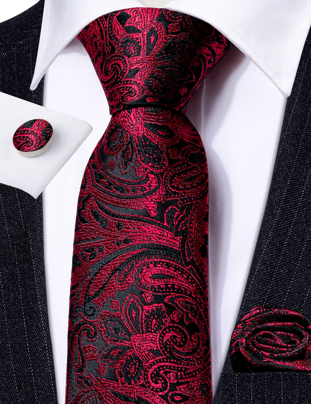 Red Black Paisley Silk Tie, Pocket Square and Cufflinks Set tie sets - Sophisticated Gentlemen