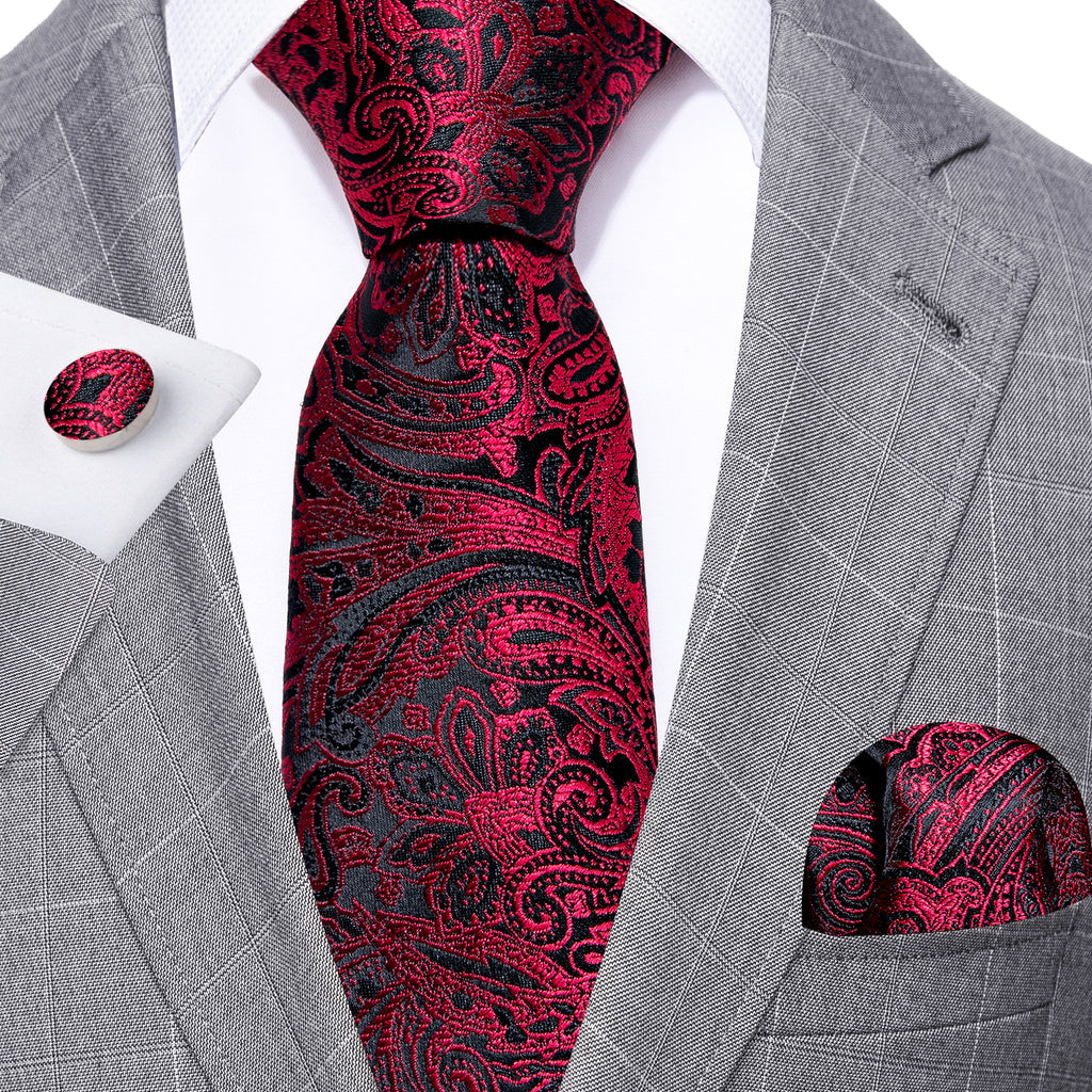 Red Black Paisley Silk Tie, Pocket Square and Cufflinks Set tie sets - Sophisticated Gentlemen