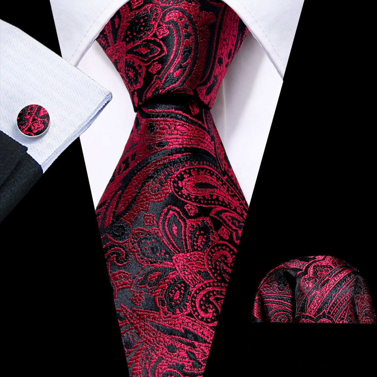 Red Black Paisley Silk Tie, Pocket Square and Cufflinks Set tie sets - Sophisticated Gentlemen