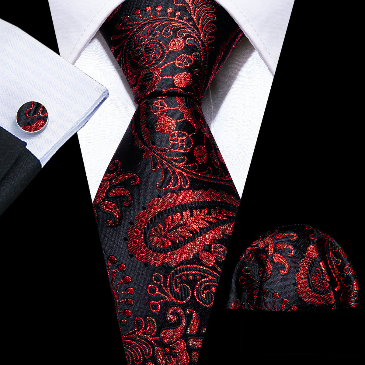Red Black Paisley Silk Tie, Pocket Square and Cufflinks Set tie sets - Sophisticated Gentlemen