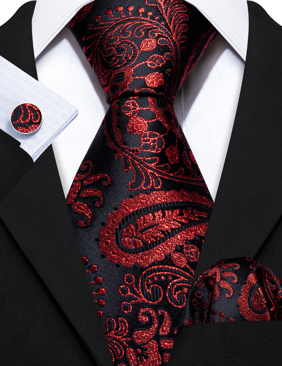 Red Black Paisley Silk Tie, Pocket Square and Cufflinks Set tie sets - Sophisticated Gentlemen