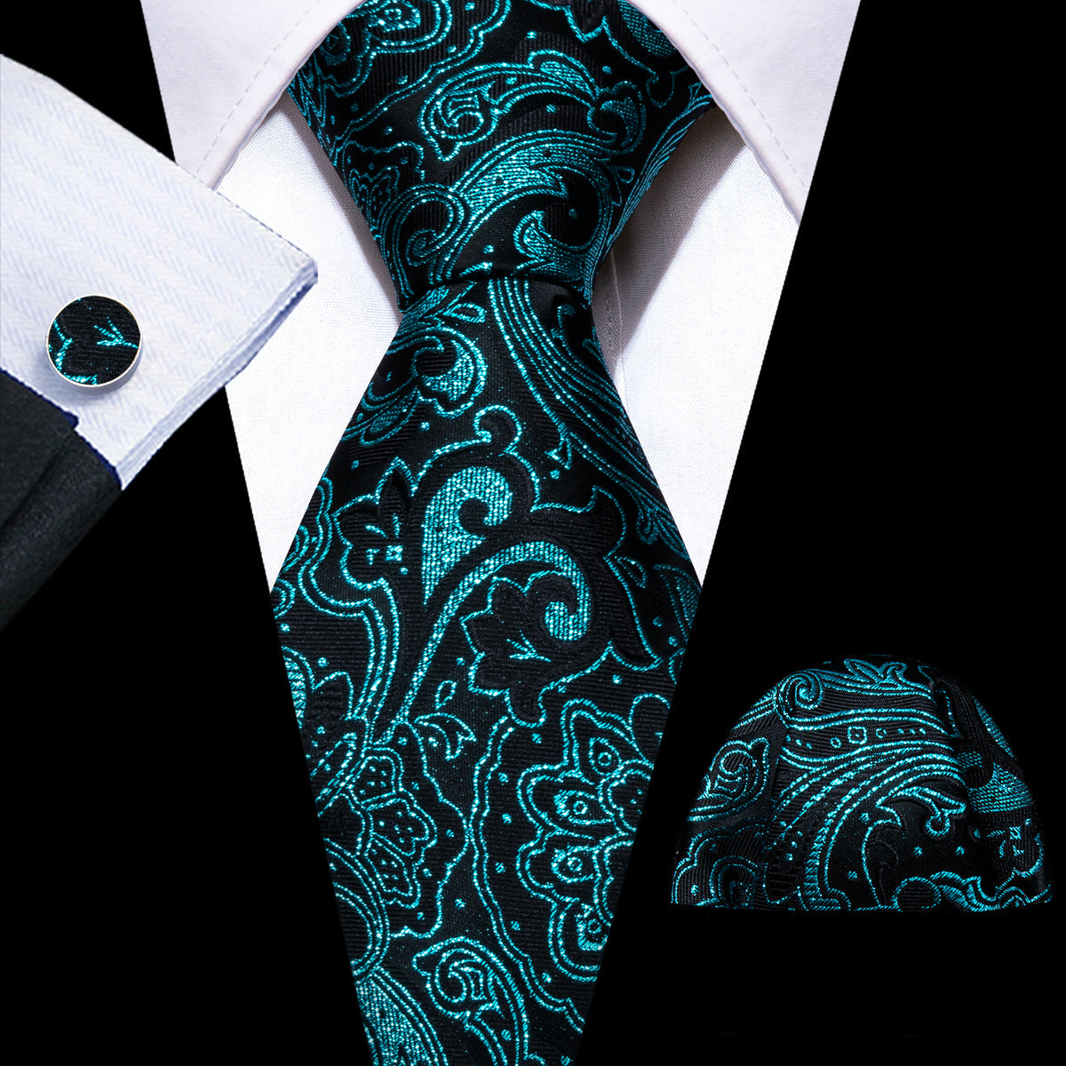 Blue Black Paisley Silk Tie, Pocket Square and Cufflinks Set tie sets - Sophisticated Gentlemen