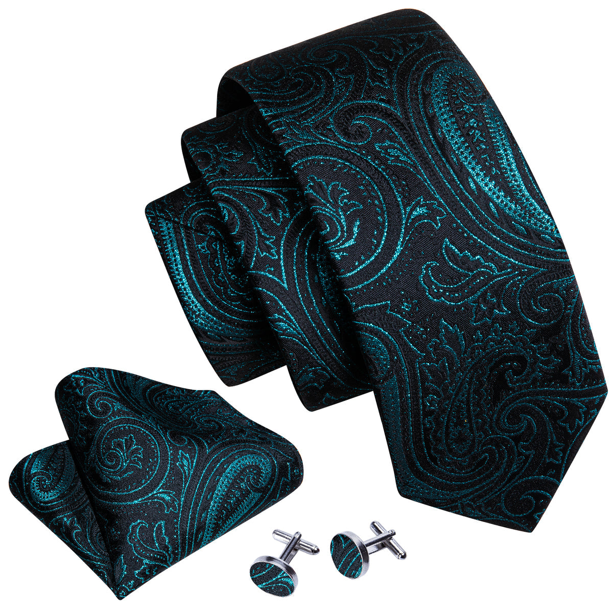 Black Deep Green Paisley Silk Tie, Pocket Square and Cufflinks Set tie sets - Sophisticated Gentlemen