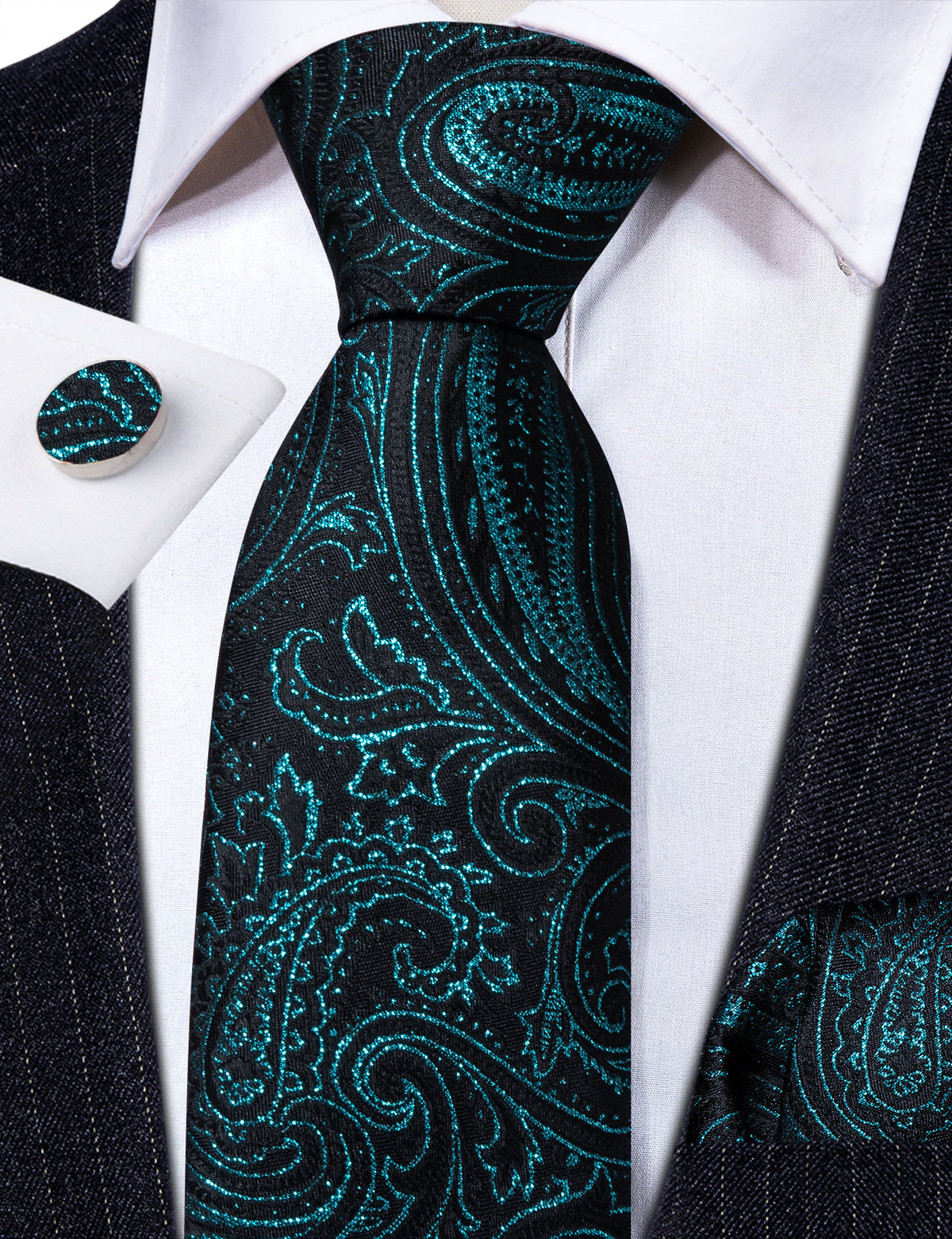 Black Deep Green Paisley Silk Tie, Pocket Square and Cufflinks Set tie sets - Sophisticated Gentlemen