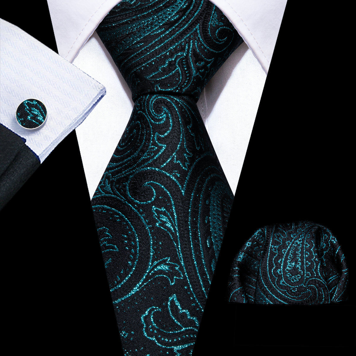 Black Deep Green Paisley Silk Tie, Pocket Square and Cufflinks Set tie sets - Sophisticated Gentlemen
