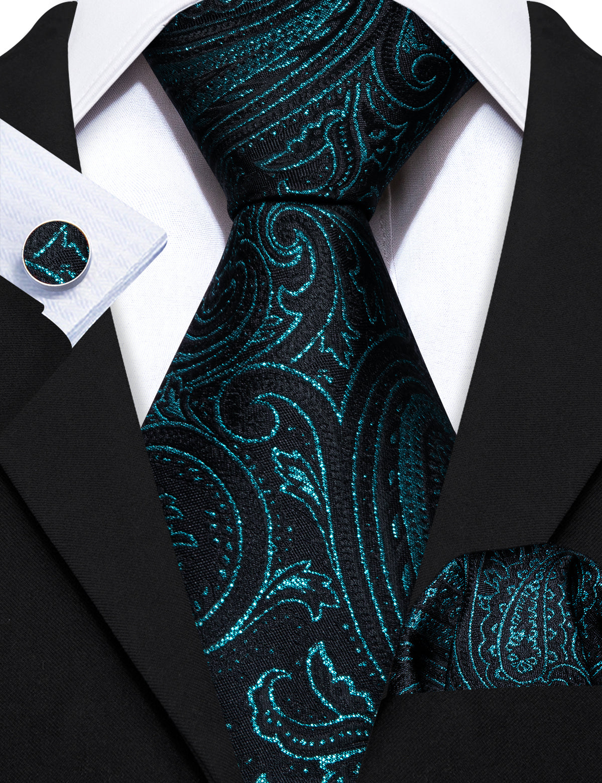 Black Deep Green Paisley Silk Tie, Pocket Square and Cufflinks Set tie sets - Sophisticated Gentlemen