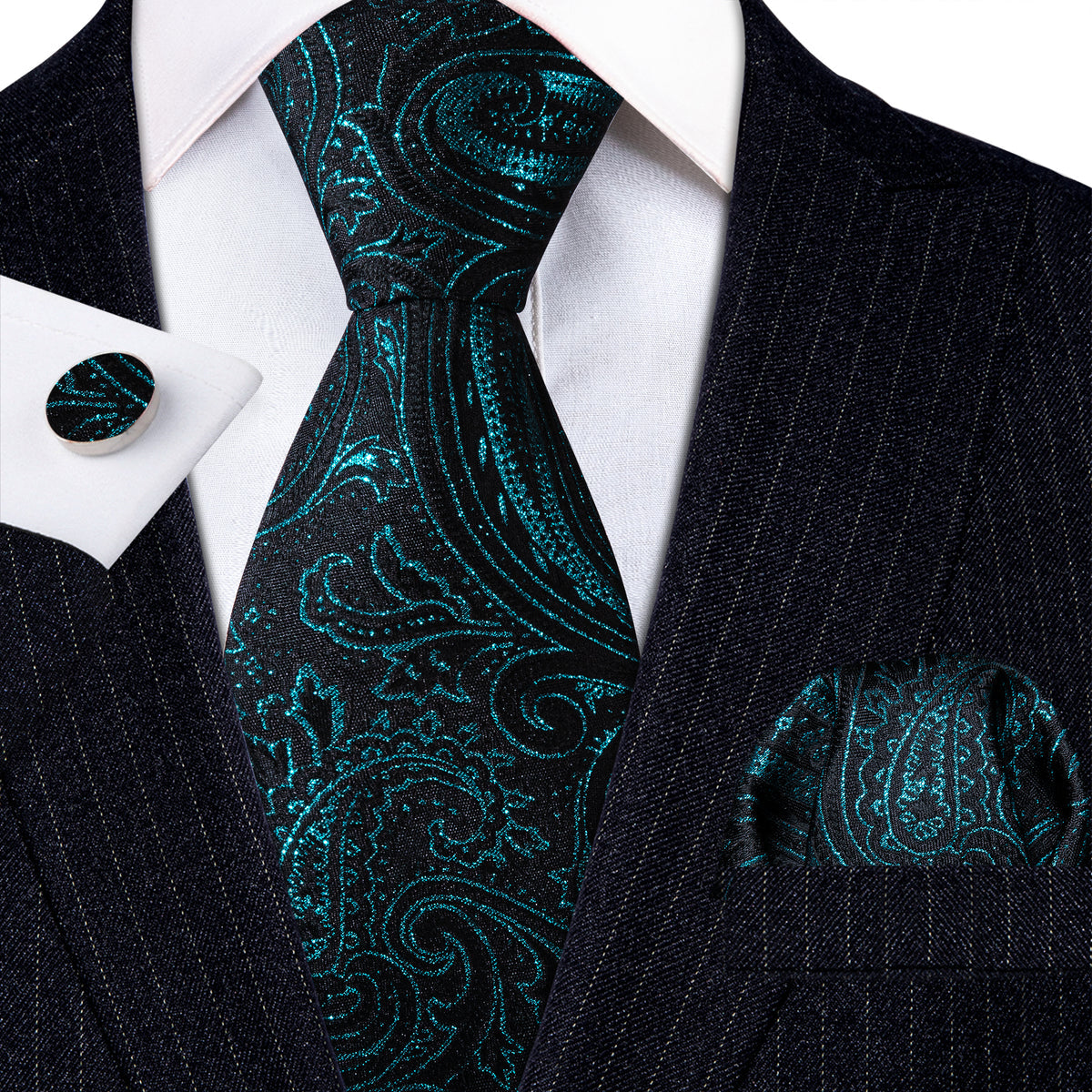 Black Deep Green Paisley Silk Tie, Pocket Square and Cufflinks Set tie sets - Sophisticated Gentlemen