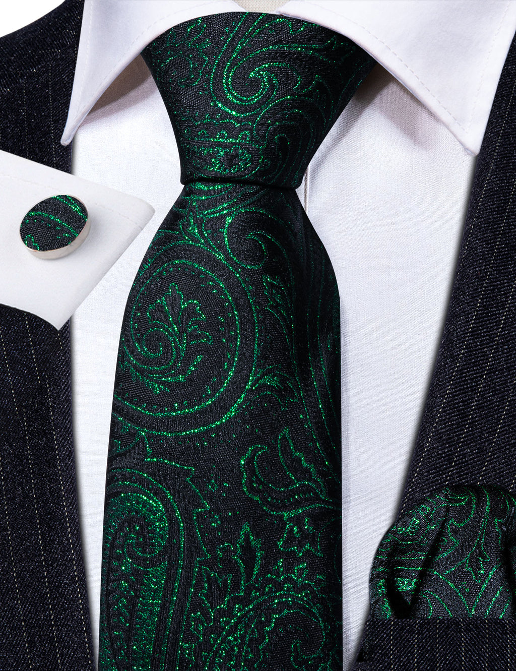 Green Black Paisley Silk Tie, Pocket Square and Cufflinks Set tie sets - Sophisticated Gentlemen