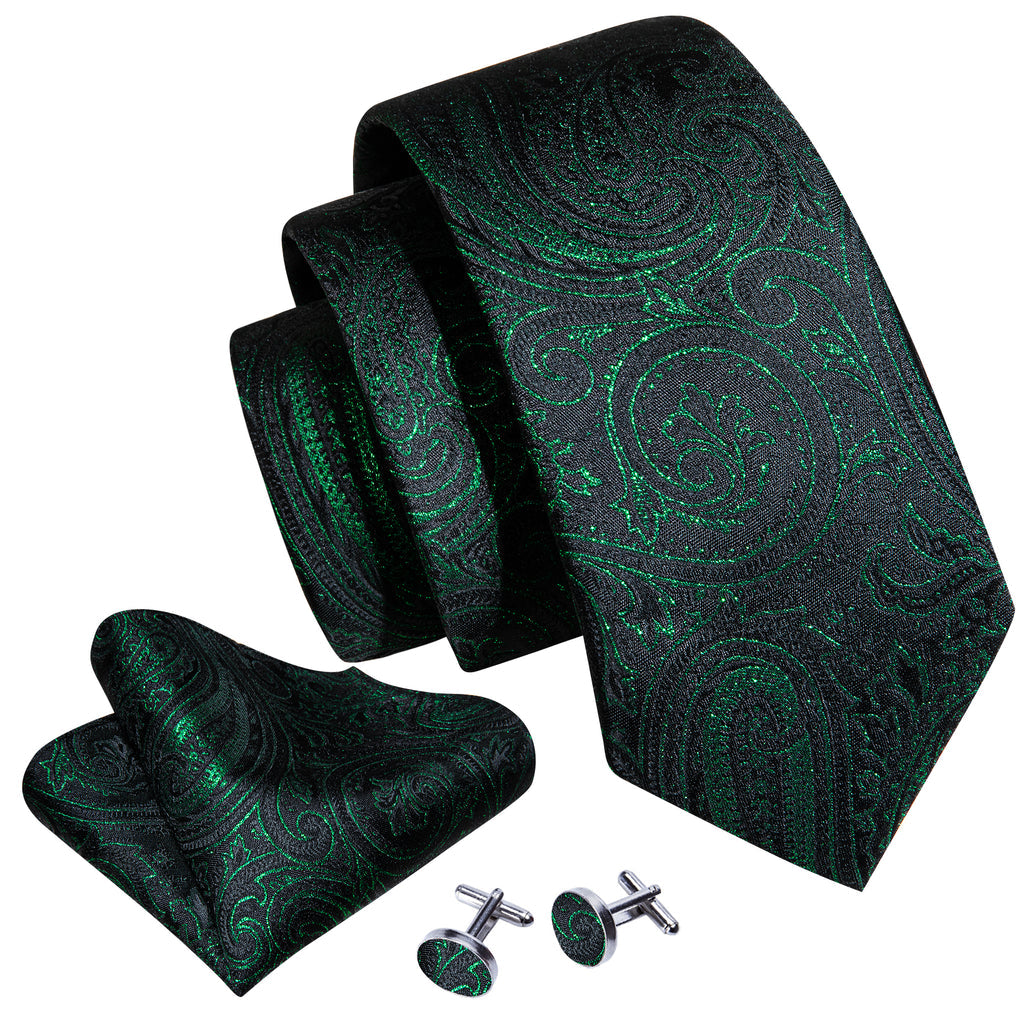 Green Black Paisley Silk Tie, Pocket Square and Cufflinks Set tie sets - Sophisticated Gentlemen