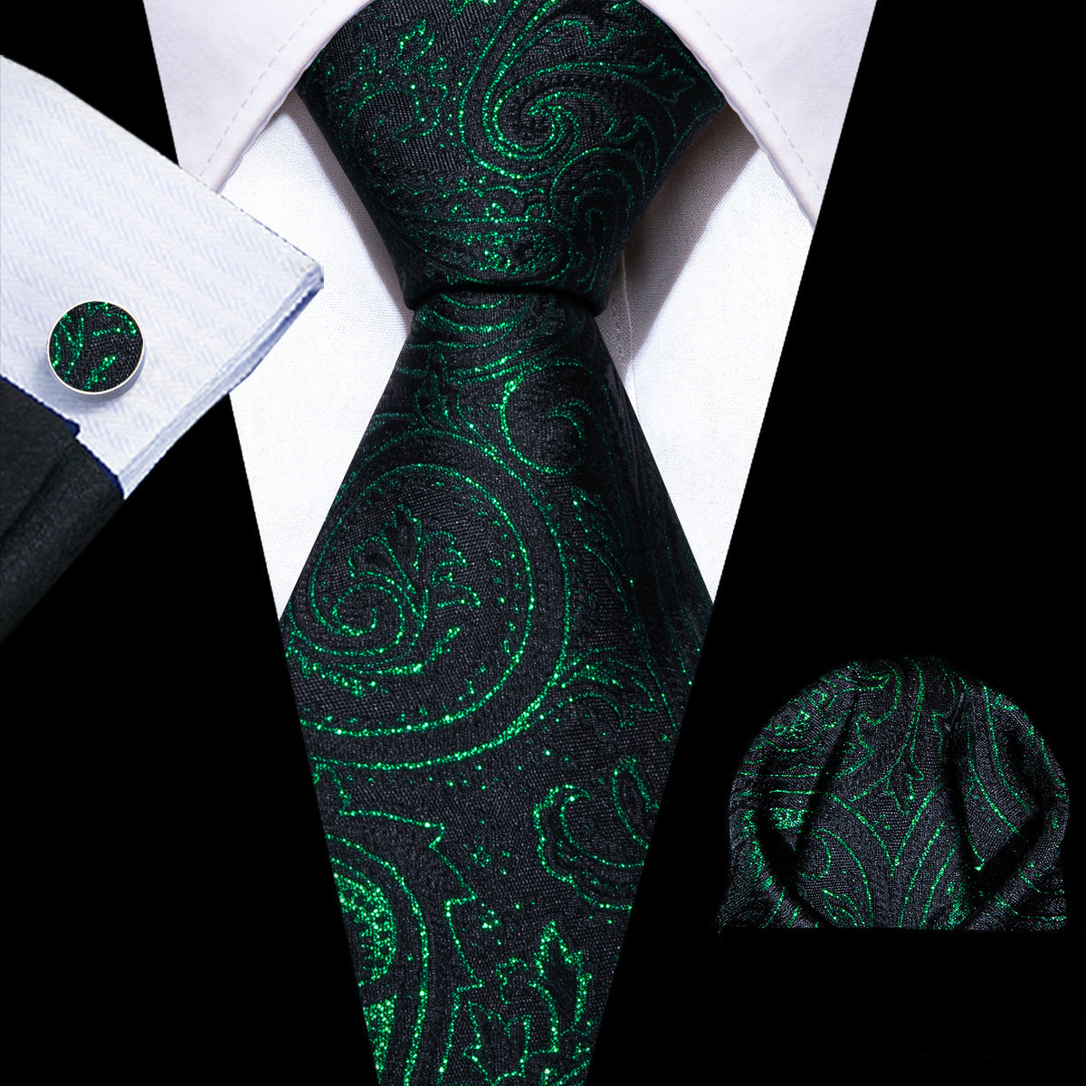 Green Black Paisley Silk Tie, Pocket Square and Cufflinks Set tie sets - Sophisticated Gentlemen