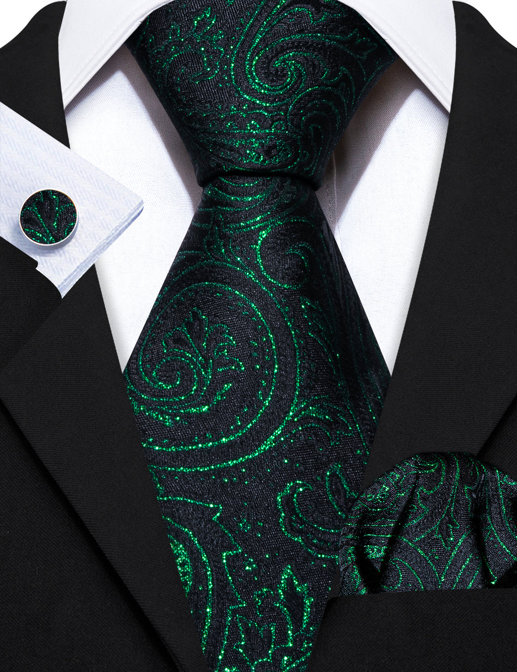 Green Black Paisley Silk Tie, Pocket Square and Cufflinks Set tie sets - Sophisticated Gentlemen