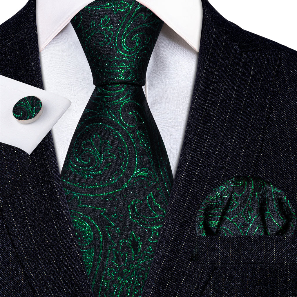Green Black Paisley Silk Tie, Pocket Square and Cufflinks Set tie sets - Sophisticated Gentlemen
