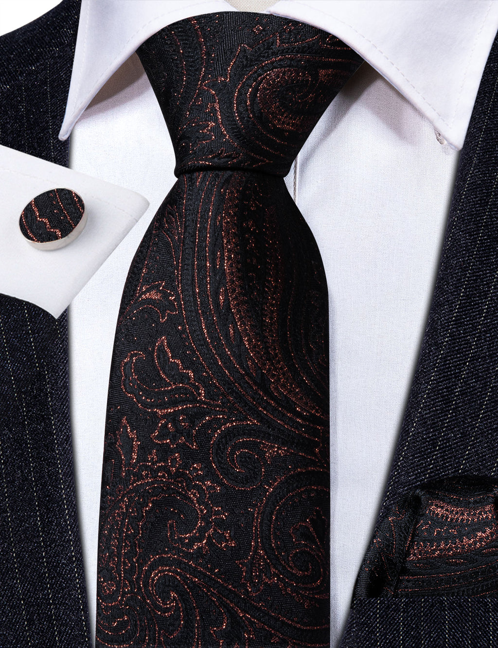 Black Floral Silk Tie, Pocket Square and Cufflinks Set tie sets - Sophisticated Gentlemen