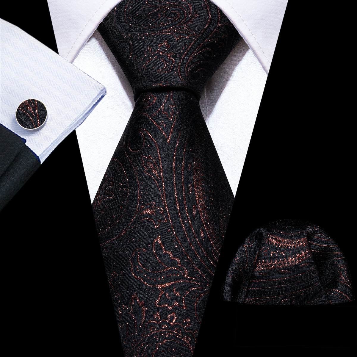 Black Floral Silk Tie, Pocket Square and Cufflinks Set tie sets - Sophisticated Gentlemen