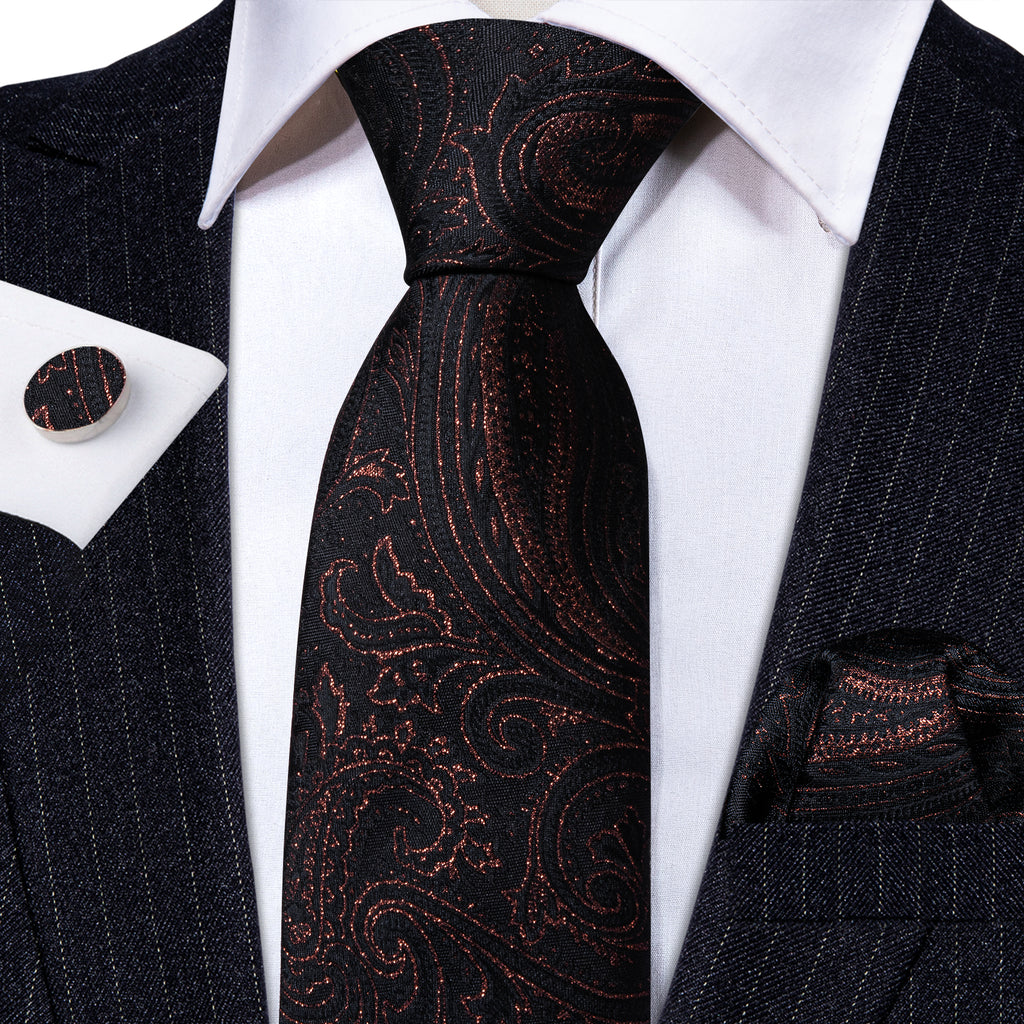 Black Floral Silk Tie, Pocket Square and Cufflinks Set tie sets - Sophisticated Gentlemen
