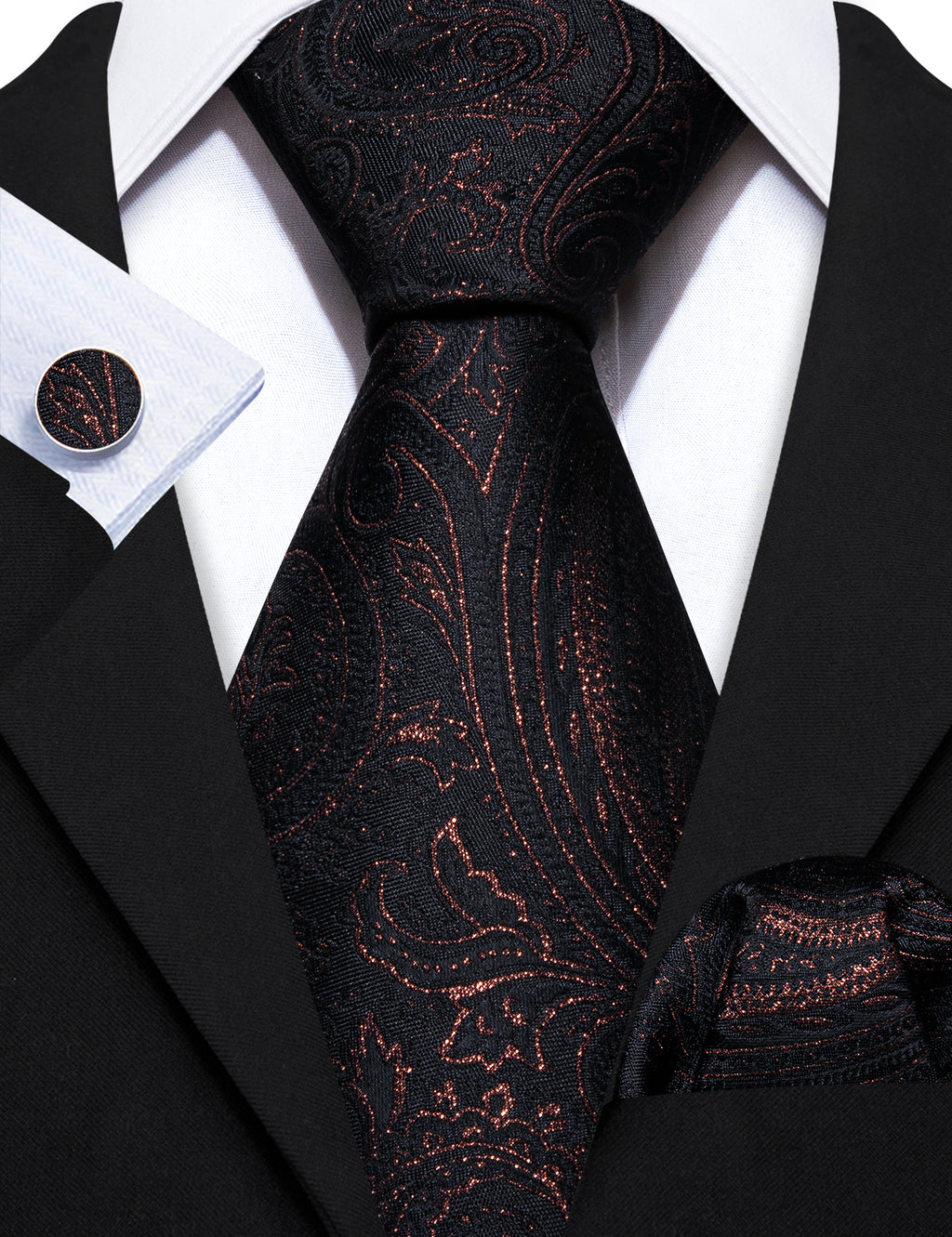 Black Floral Silk Tie, Pocket Square and Cufflinks Set tie sets - Sophisticated Gentlemen