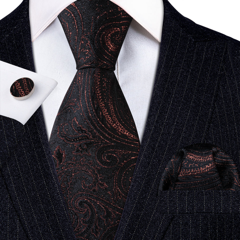 Black Floral Silk Tie, Pocket Square and Cufflinks Set tie sets - Sophisticated Gentlemen