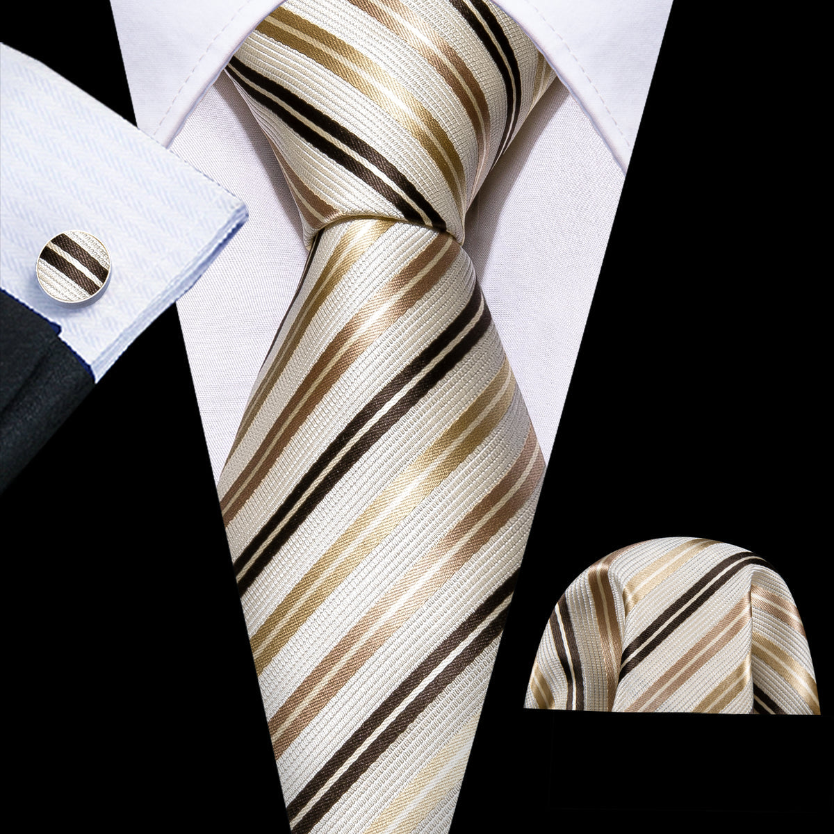 White, Gold and Champagne Striped Tie, Pocket Square and Cufflinks Set White, Gold and Champagne Striped Tie, Pocket Square and Cufflinks Set