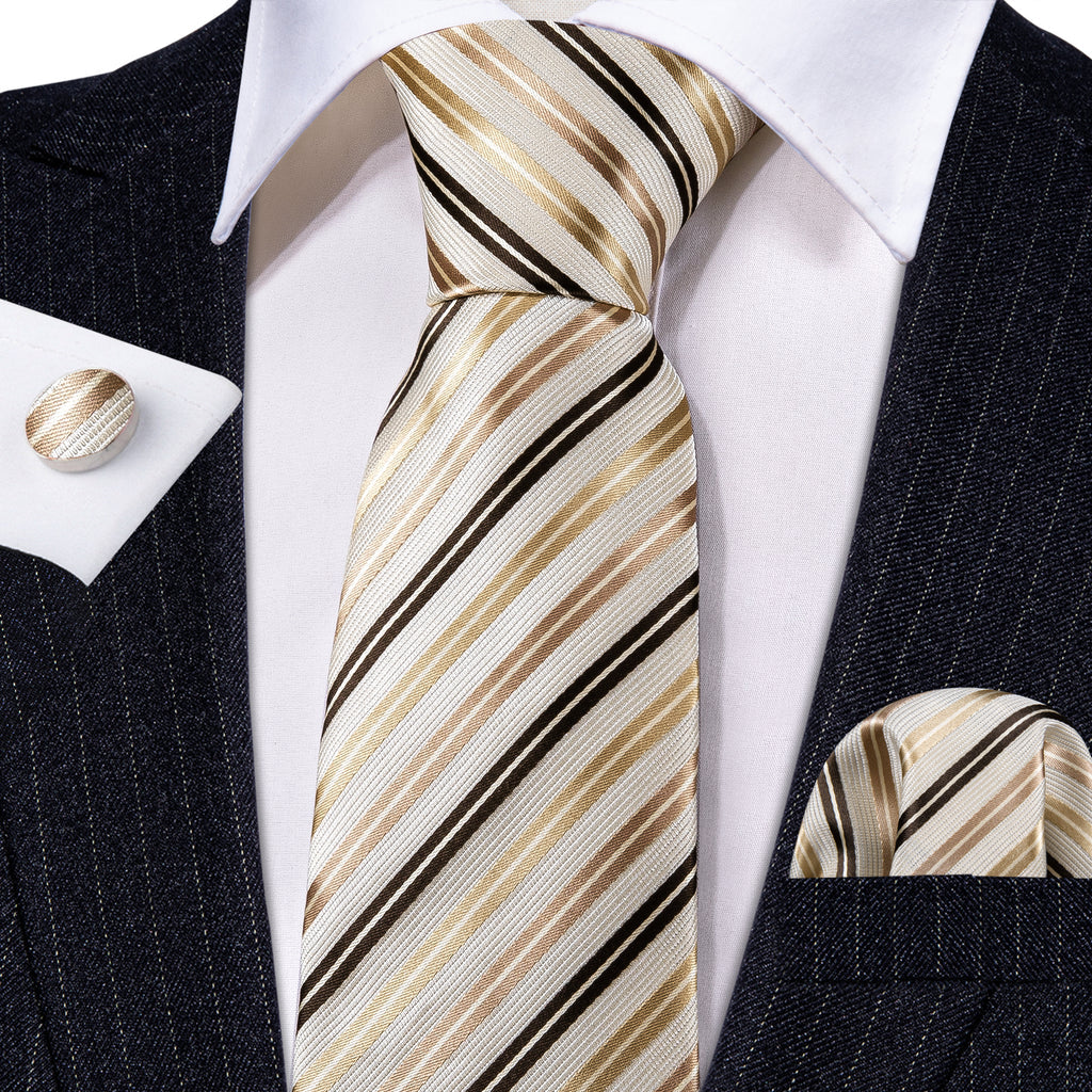 White, Gold and Champagne Striped Tie, Pocket Square and Cufflinks Set tie sets - Sophisticated Gentlemen
