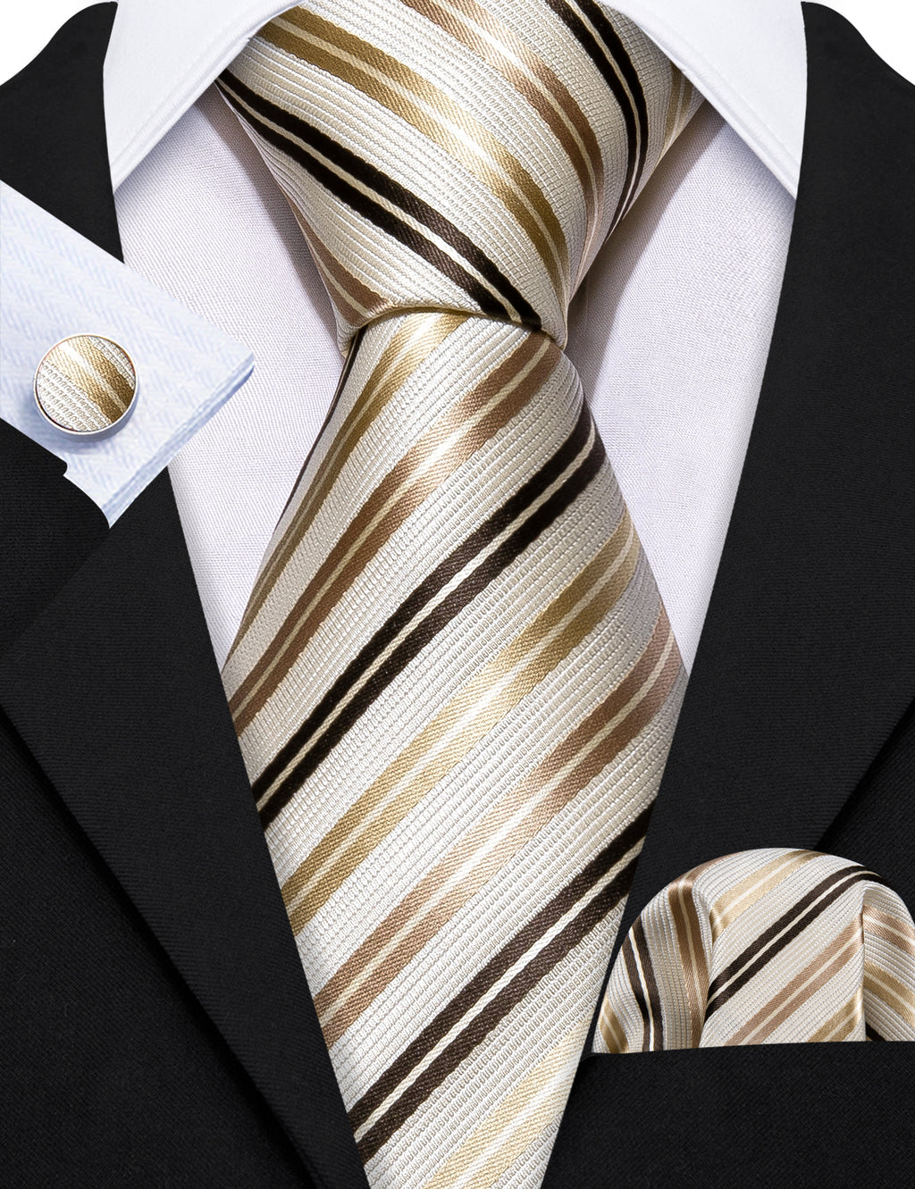 White, Gold and Champagne Striped Tie, Pocket Square and Cufflinks Set tie sets - Sophisticated Gentlemen