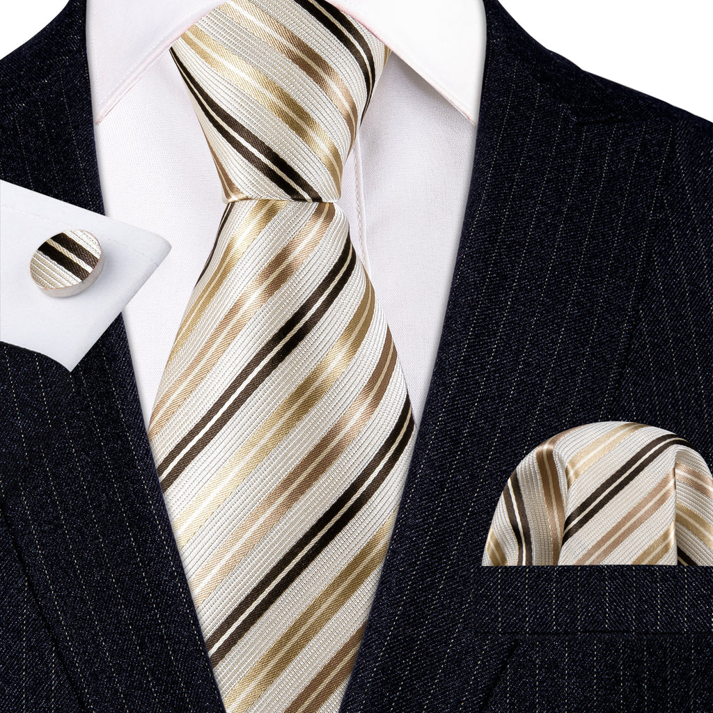 White, Gold and Champagne Striped Tie, Pocket Square and Cufflinks Set tie sets - Sophisticated Gentlemen