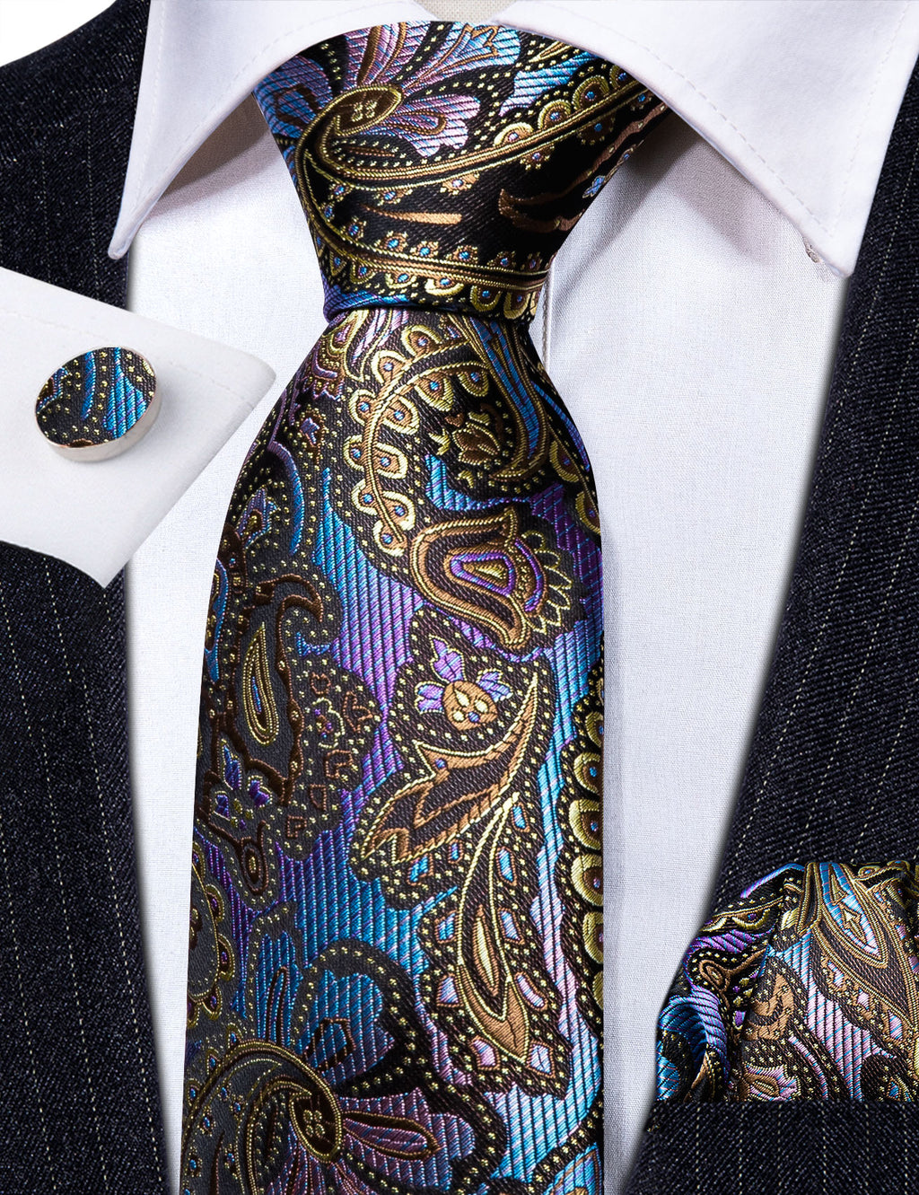 Colorful Novelty Paisley Silk Tie, Pocket Square and Cufflinks Set tie sets - Sophisticated Gentlemen