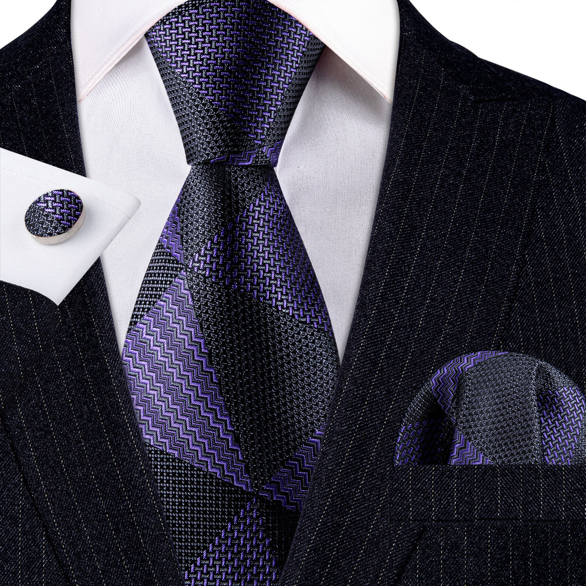 Purple and Black Geometric Tie, Pocket Square, and Cufflinks Set tie sets - Sophisticated Gentlemen