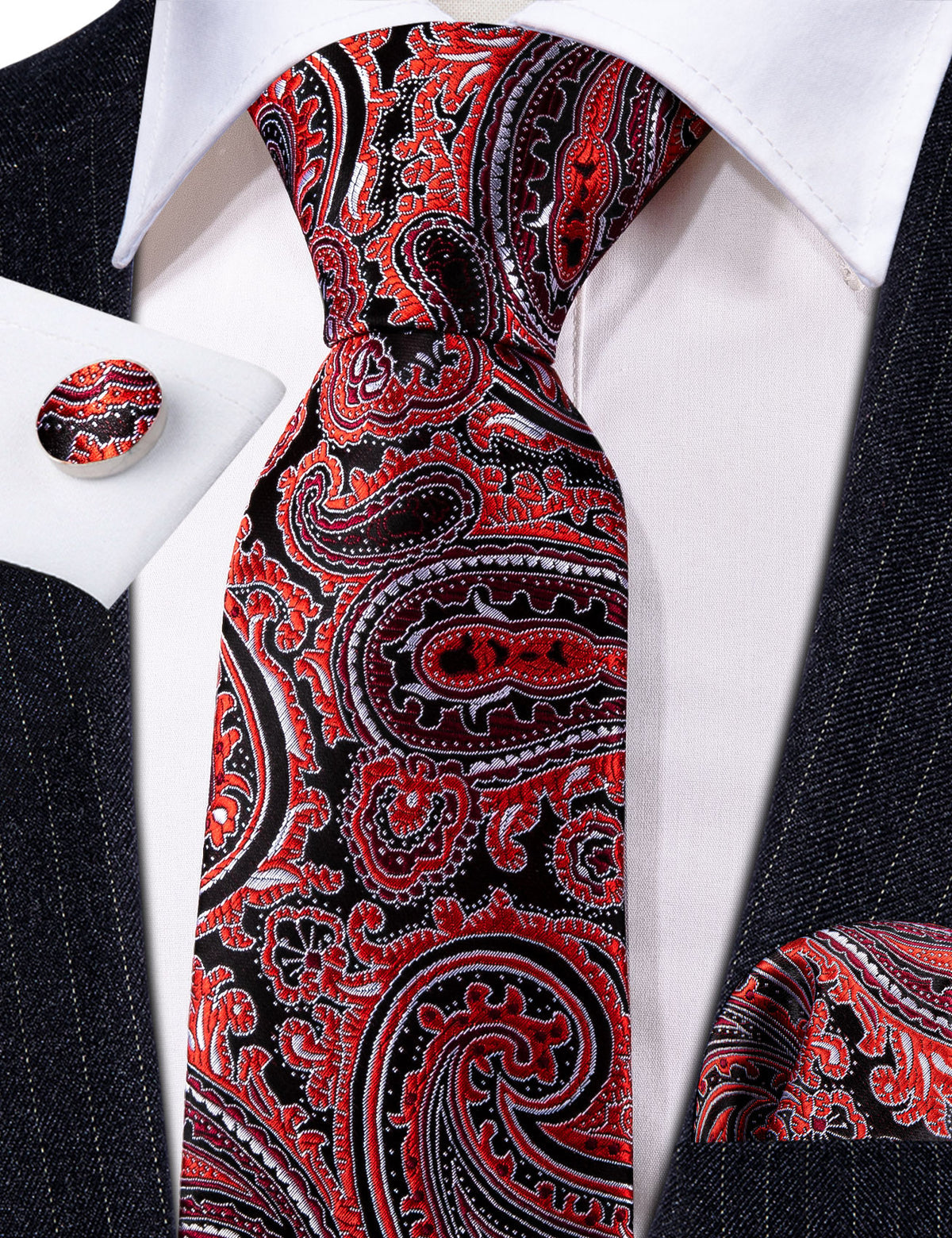 Red Black Formal Paisley Silk Tie, Pocket Square and Cufflinks Set tie sets - Sophisticated Gentlemen