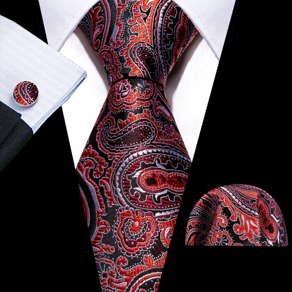 Red Black Formal Paisley Silk Tie, Pocket Square and Cufflinks Set tie sets - Sophisticated Gentlemen