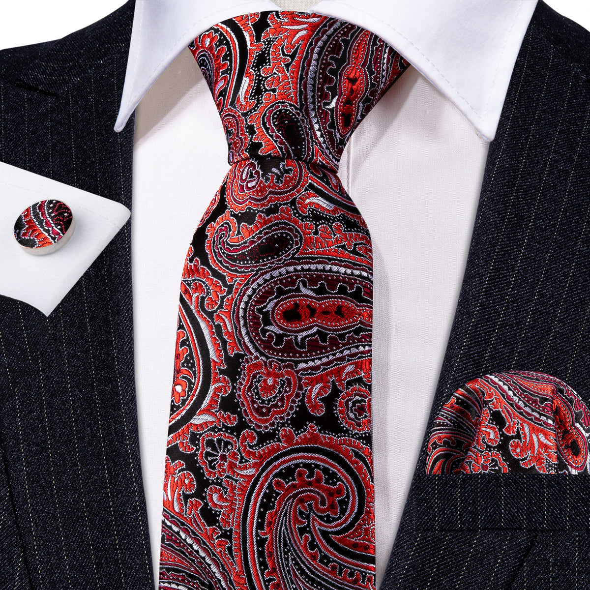Red Black Formal Paisley Silk Tie, Pocket Square and Cufflinks Set tie sets - Sophisticated Gentlemen
