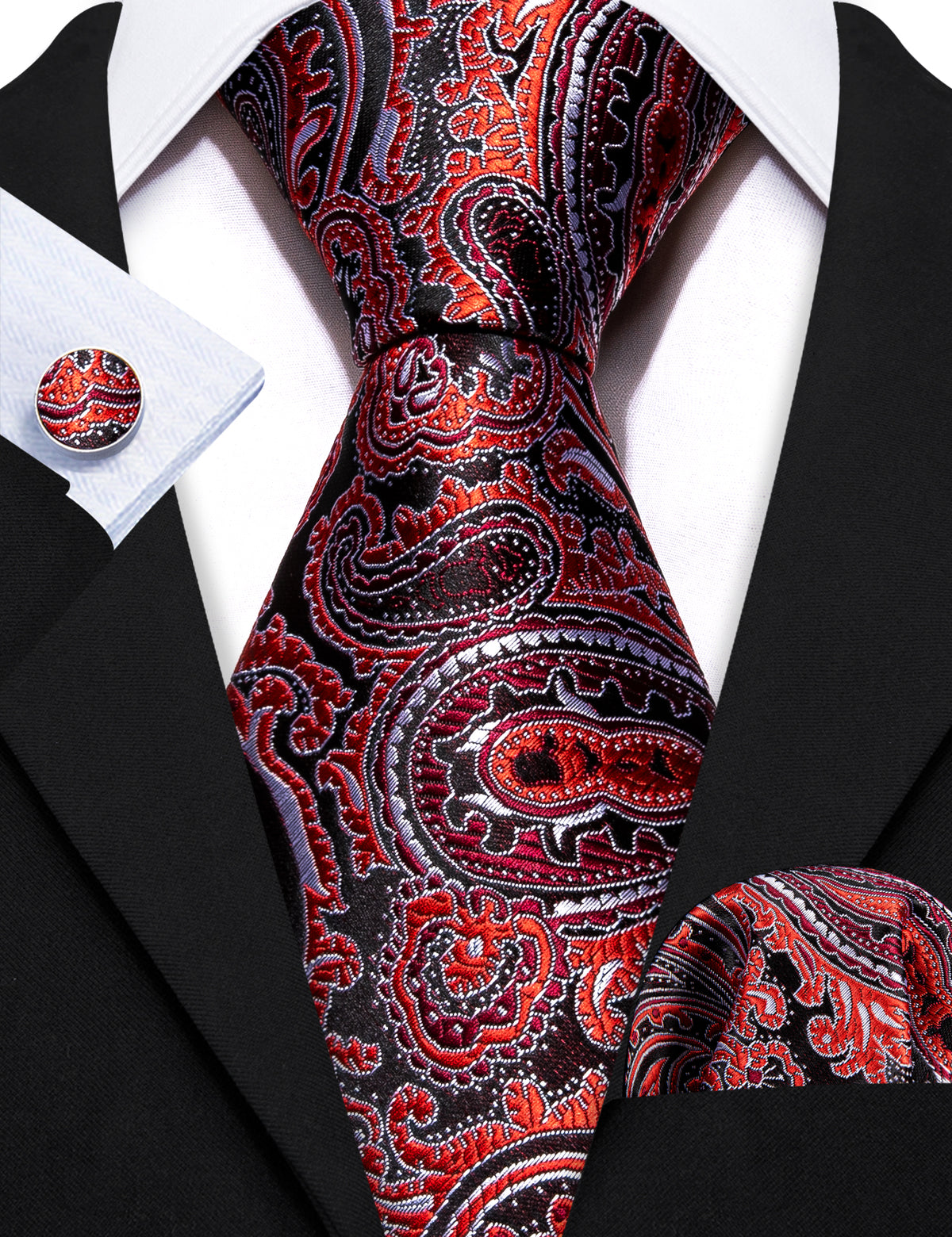 Red Black Formal Paisley Silk Tie, Pocket Square and Cufflinks Set tie sets - Sophisticated Gentlemen