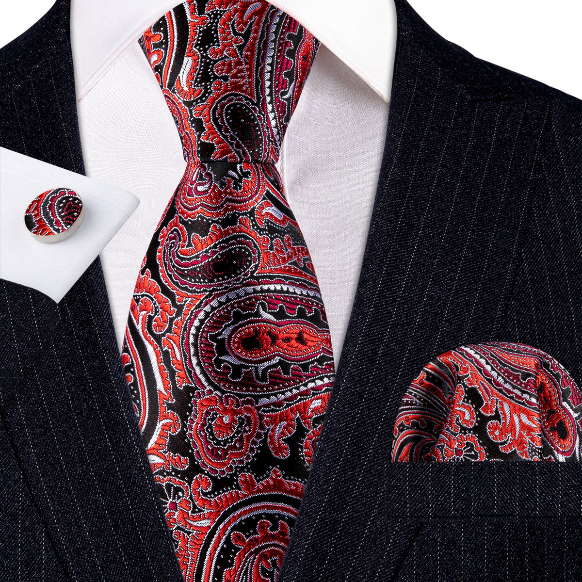 Red Black Formal Paisley Silk Tie, Pocket Square and Cufflinks Set tie sets - Sophisticated Gentlemen