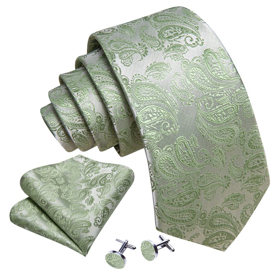 Avocado Green Paisley XL Tie, Pocket Square and Cufflinks tie sets - Sophisticated Gentlemen
