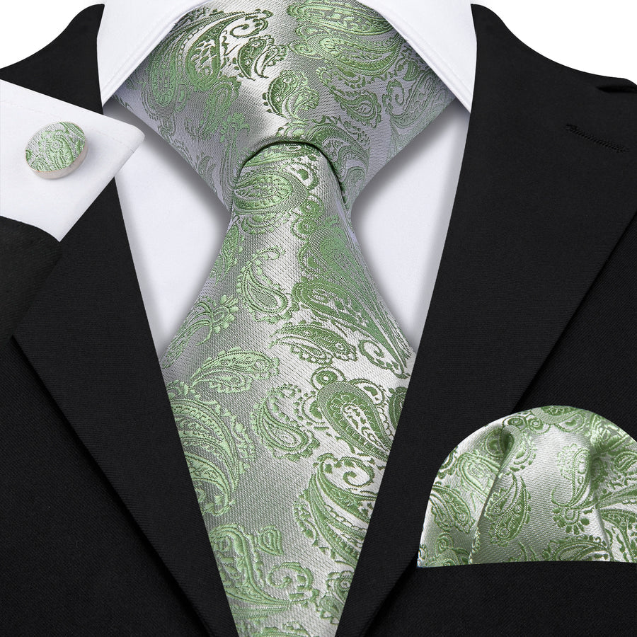 Avocado Green Paisley XL Tie, Pocket Square and Cufflinks tie sets - Sophisticated Gentlemen