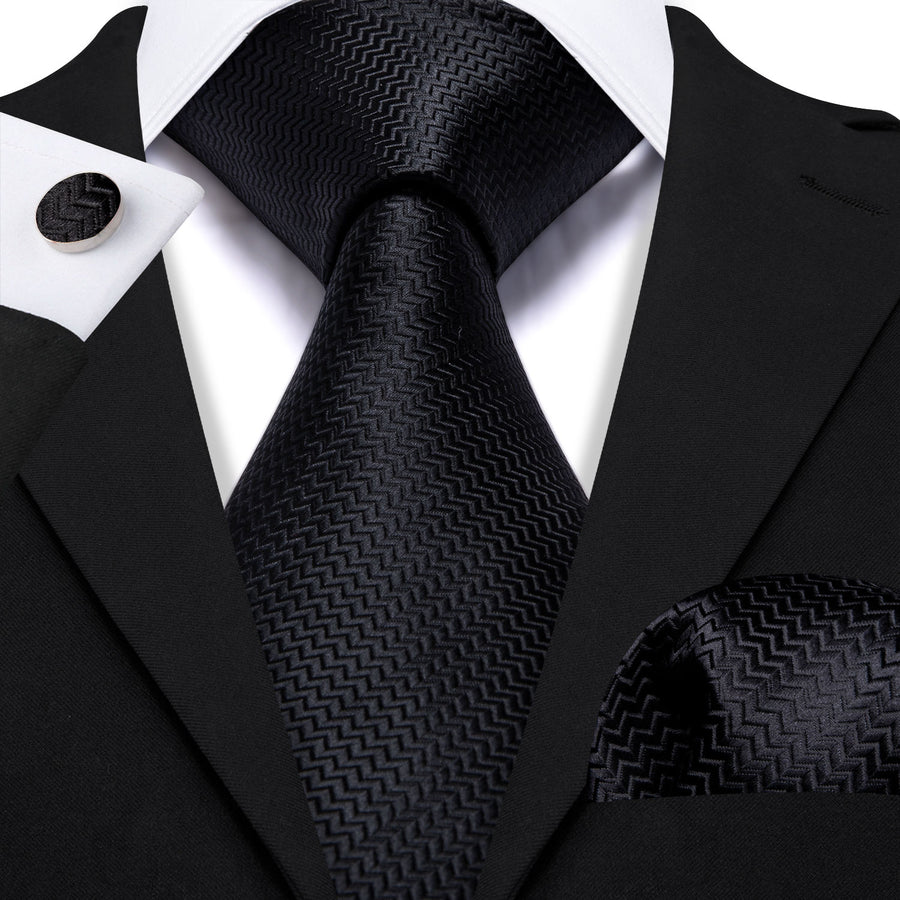 Pure Black Ornament XL Tie, Pocket Square and Cufflinks tie sets - Sophisticated Gentlemen