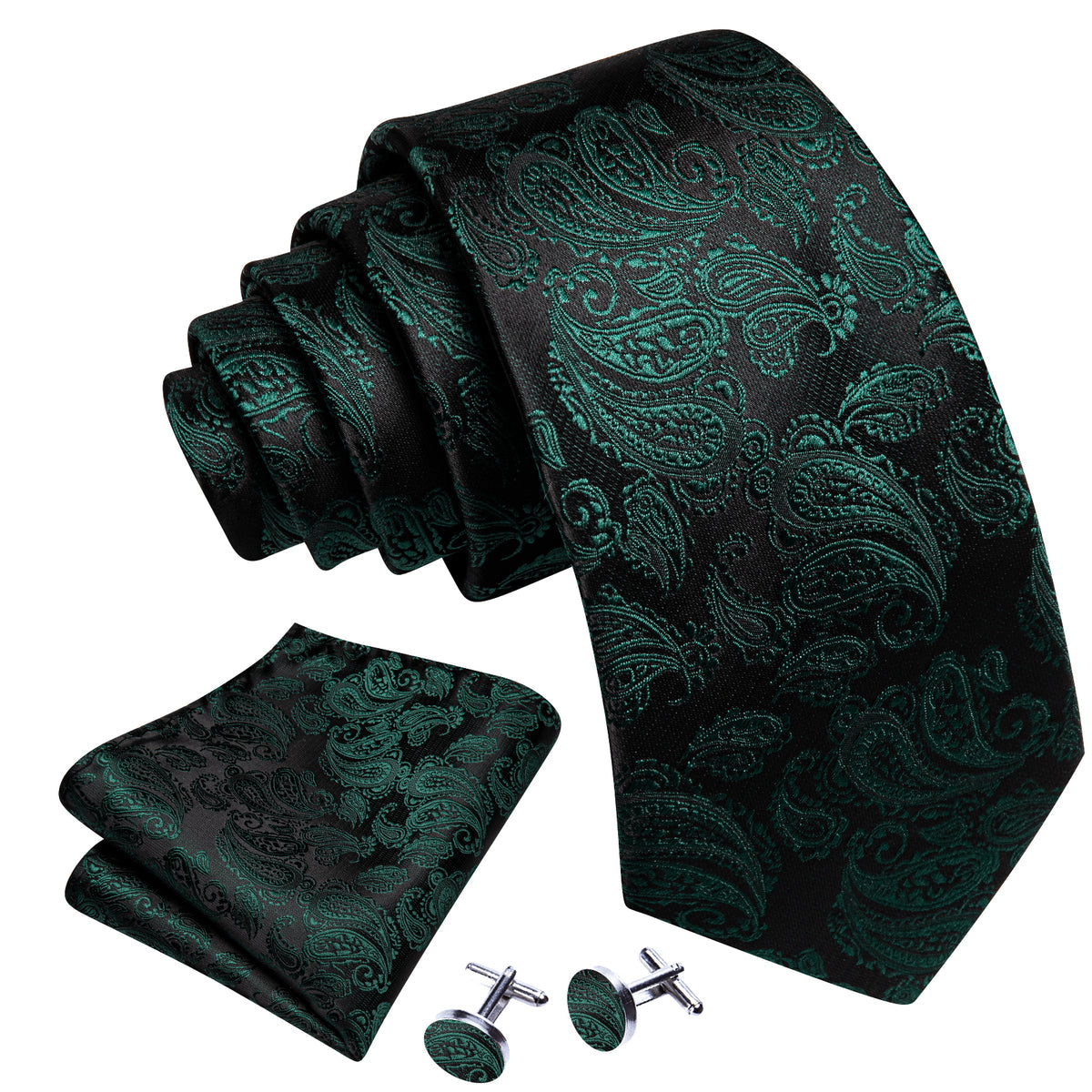 Black and Green Paisley XL Tie, Pocket Square and Cufflinks tie sets - Sophisticated Gentlemen