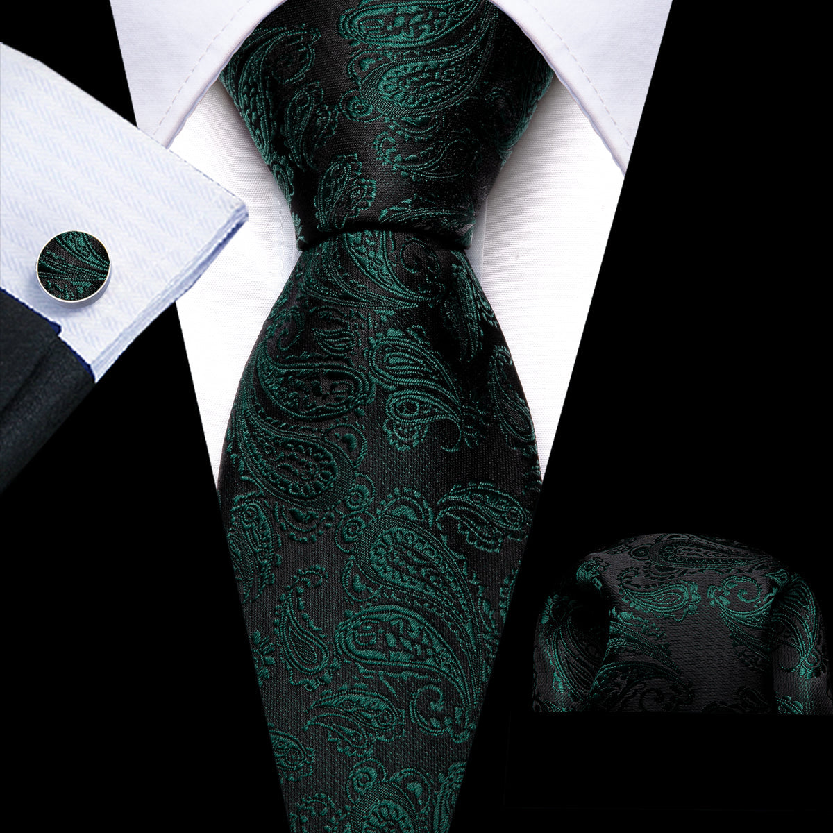 Black and Green Paisley XL Tie, Pocket Square and Cufflinks tie sets - Sophisticated Gentlemen