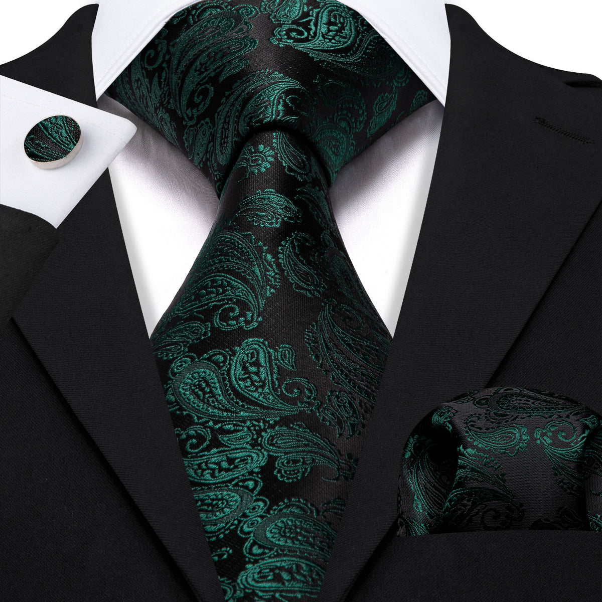 Black and Green Paisley XL Tie, Pocket Square and Cufflinks tie sets - Sophisticated Gentlemen