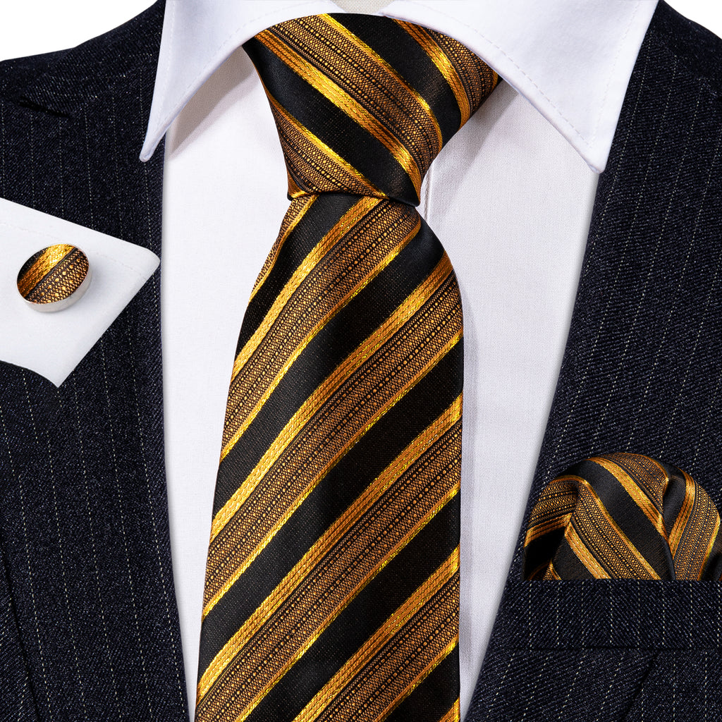 Black and Gold Striped Silk Tie, Pocket Square and Cufflinks Set tie sets - Sophisticated Gentlemen