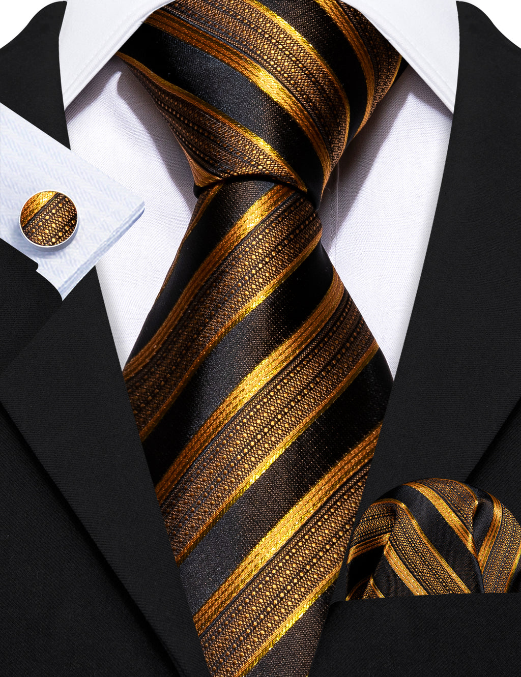 Black and Gold Striped Silk Tie, Pocket Square and Cufflinks Set tie sets - Sophisticated Gentlemen