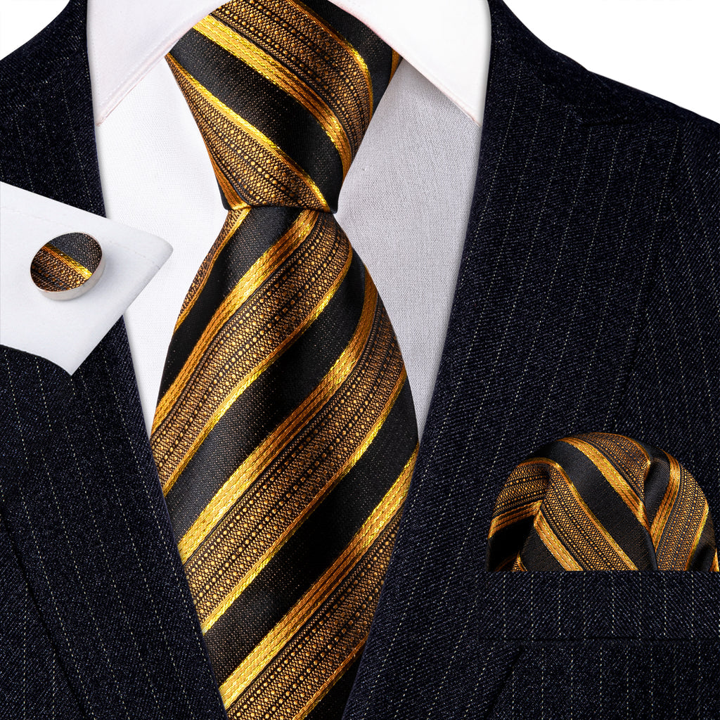Black and Gold Striped Silk Tie, Pocket Square and Cufflinks Set tie sets - Sophisticated Gentlemen